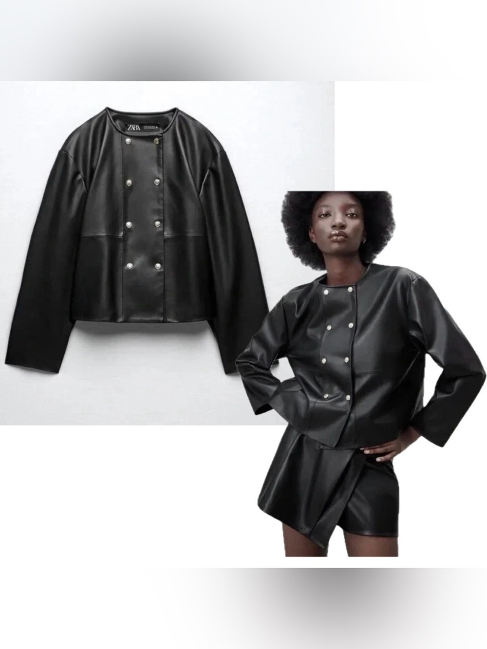 Zara Black Faux-Leather Double-Row Snap blazer Jacket Sz M pleather vegan